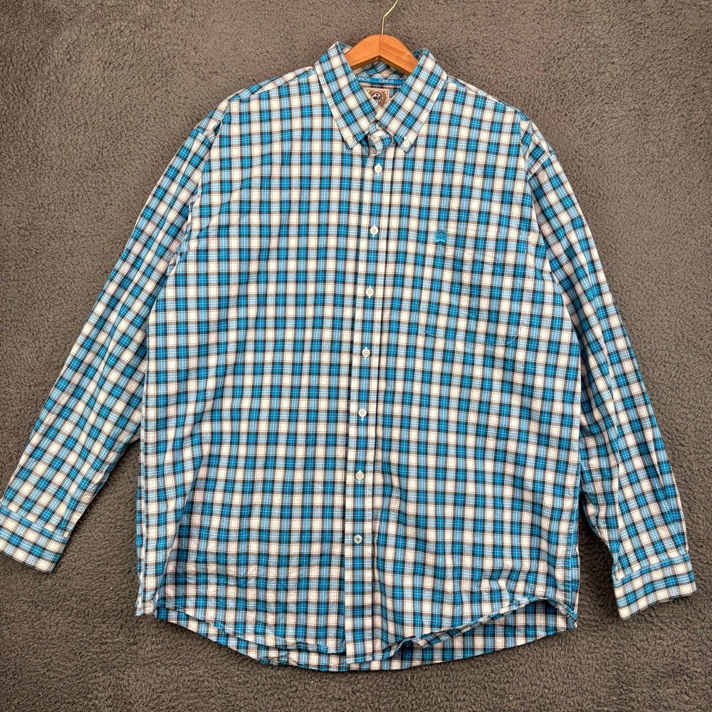 Cinch Mens Large Blue Brown Plaid Long Sleeve Button Down Cotton Shirt L